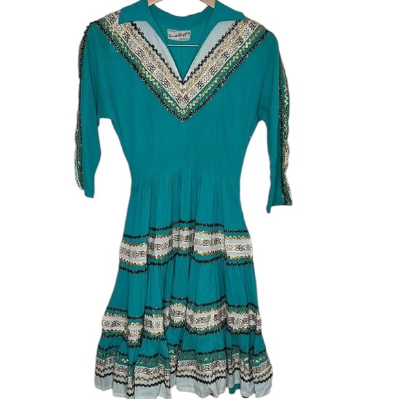 Vintage Donnell Stimpfling DenverTeal Gold Rockabilly Dancing Dress Size Small